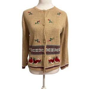 Vtg 80s Medium Bird Cardinal‎ Grandmacore Cottage tan cardinal Christmas sweater